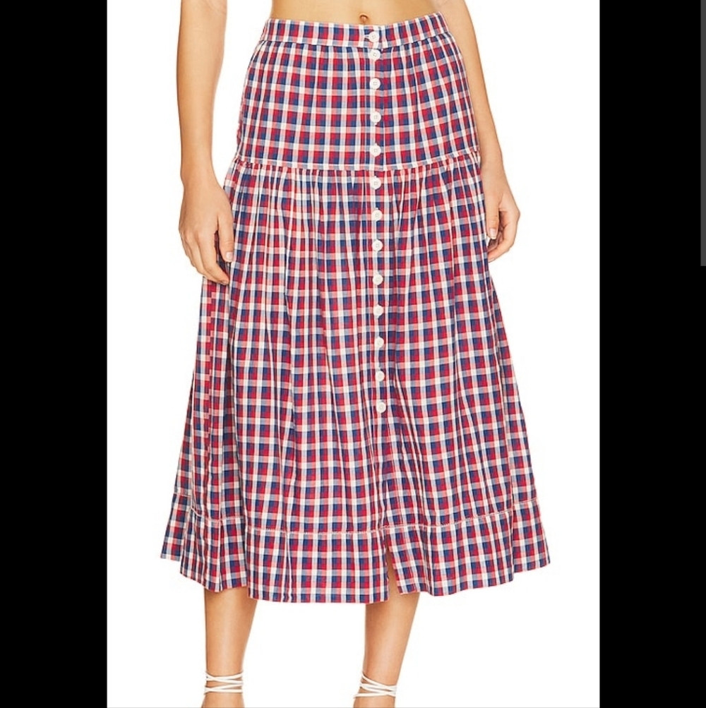 THE GREAT. The Boating Midi Skirt. Red and Blue Plaid Gingham, Size 3 (L)
